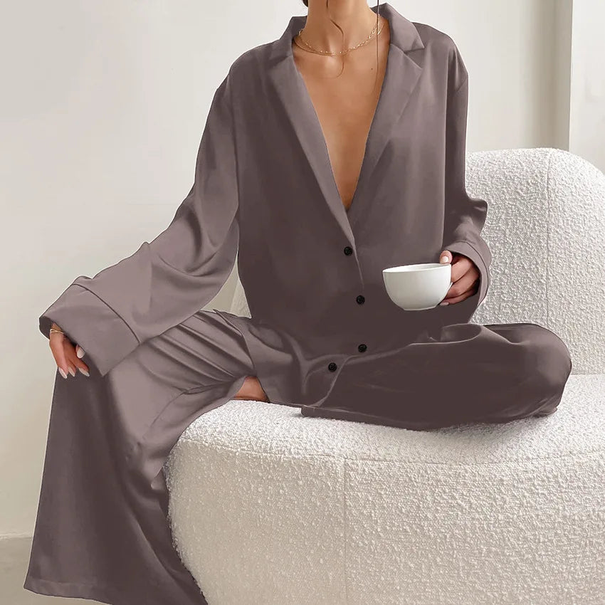 2026 Sexy Low Cut Pajama Sets for Women Loose Casual Long Sleeve Trouser Home Wear 2pcs Sets Solid Satin Silk Female Pijama Suit