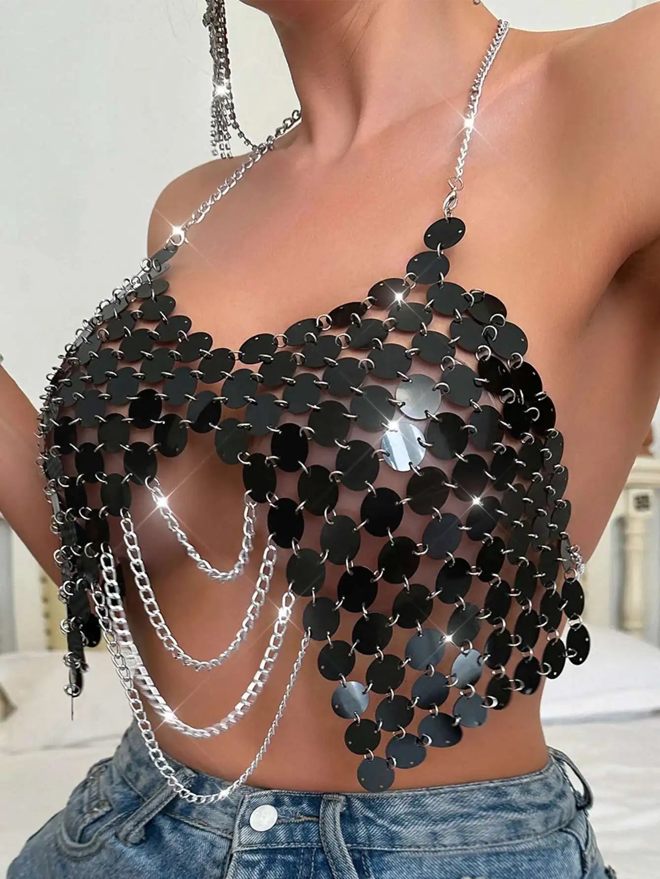 Sexy see through metal sequin corset crop top womens summer beach party halter tank top rave festival outfits cropped y2k Tops