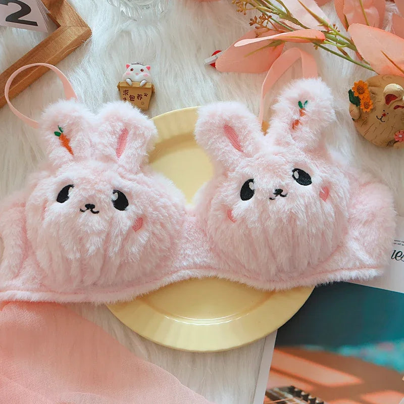 A Cute Japanese-style Plush Winter Bra with A Rabbit and A Bear, and No Underwire