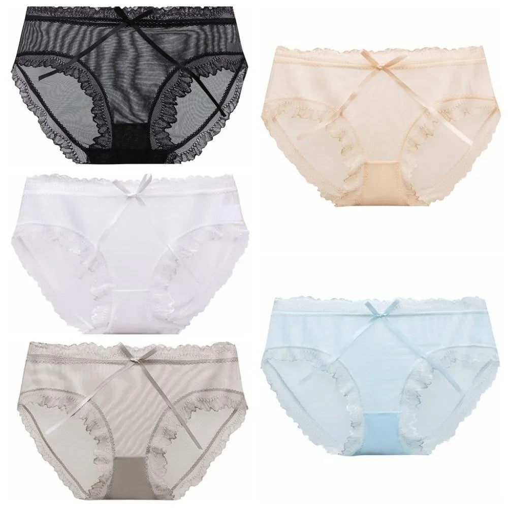 Lingerie Low Waist Lace Panties Ice Silk Cotton Crotch Mesh Briefs Bow Underwear for Women Summer
