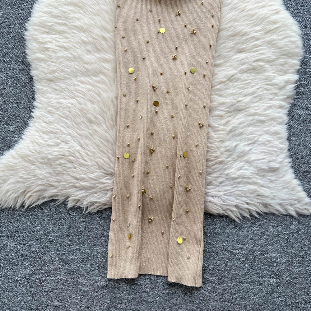 Sexy Knitting Split Long Dress Sleeveless Sequins Diamonds With Sashes Skinny Sundress 2025 Fashion Women Summer Dress
