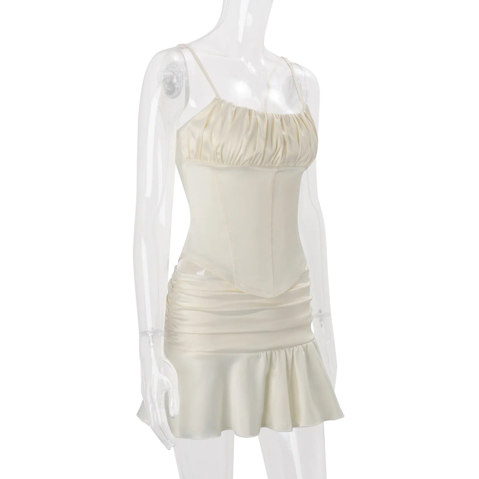 Elegant Women's Matching Sets Two Piece Outfits 2 Pieces Set For Woman French Slim Top Skirts Ruffles Solid Color Straps Pleated