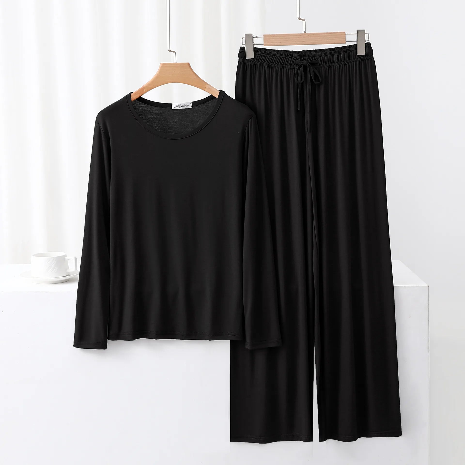 Modal Pajama Sets 2 Piece O-Neck Long sleeved Tshirt and Wide Leg Pant Ankle Length Loose sleepwear set Comfort homewear suits