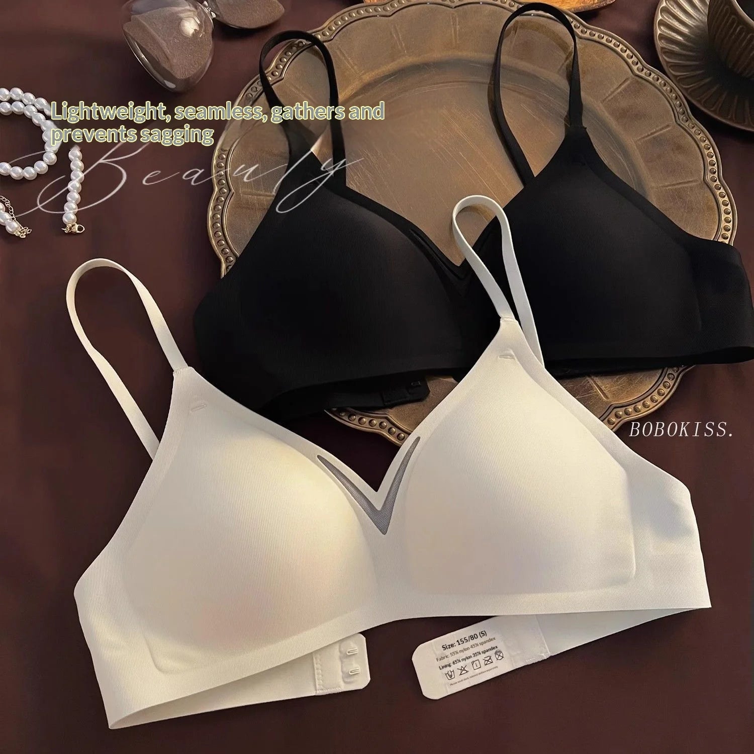 Women Wireless Bra Lightweight Seamless Push-Up Anti-Sagging Adjustable Thin Straps Black&White Soft Comfort Daily Wear Lingerie
