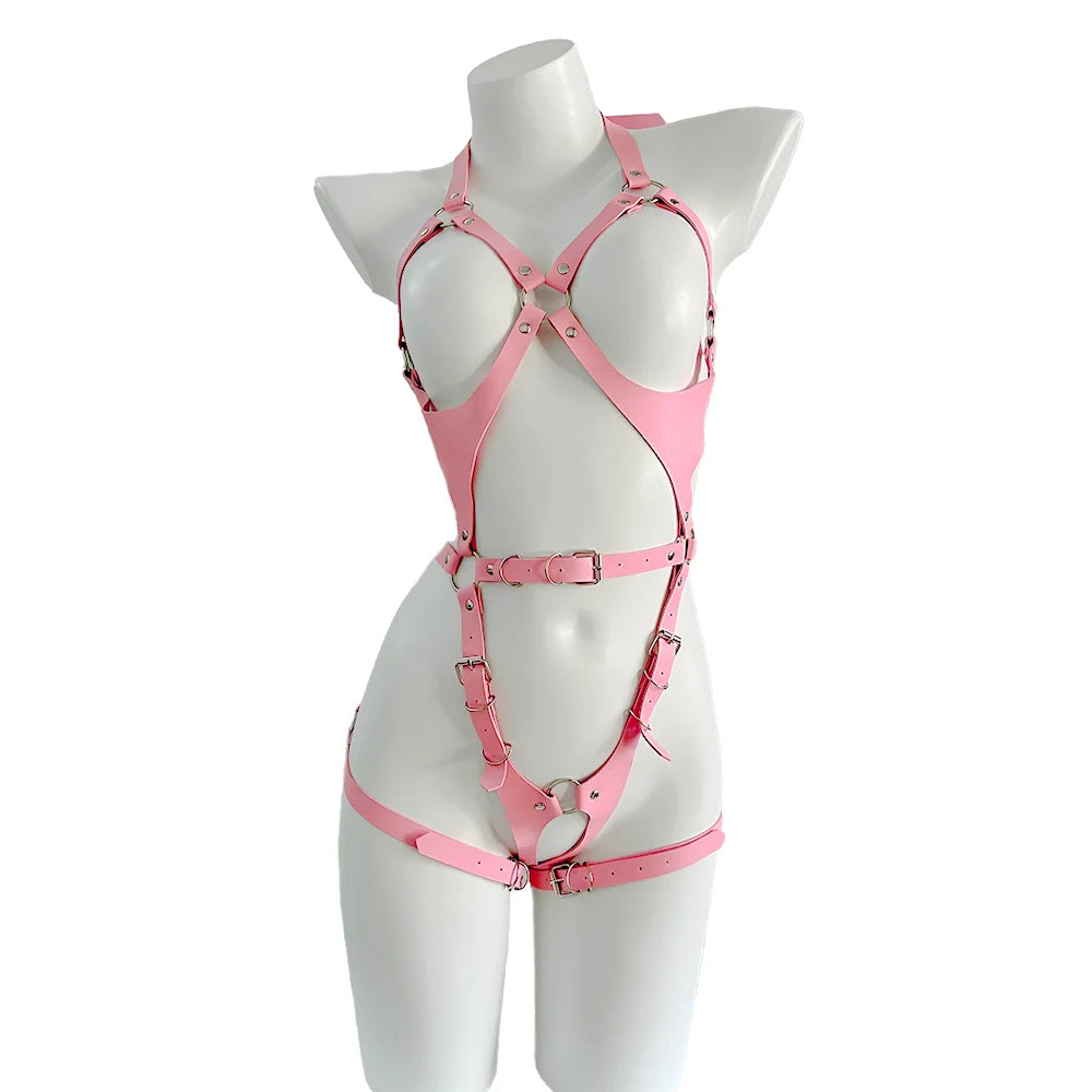 Sexy Pink Leather Lingerie Garter Harness Bondage Full Body Harness Gothic Swordbelt Adult Erotic Fetish Rave Clothing for Women
