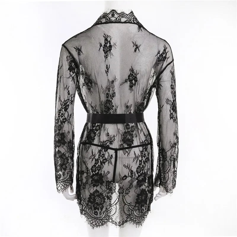 New Sexy Lace Transparent Ruffles Robe Women Lingerie See-through Babydolls Underwear Sleepwear Night Dress Erotic Sex Clothes