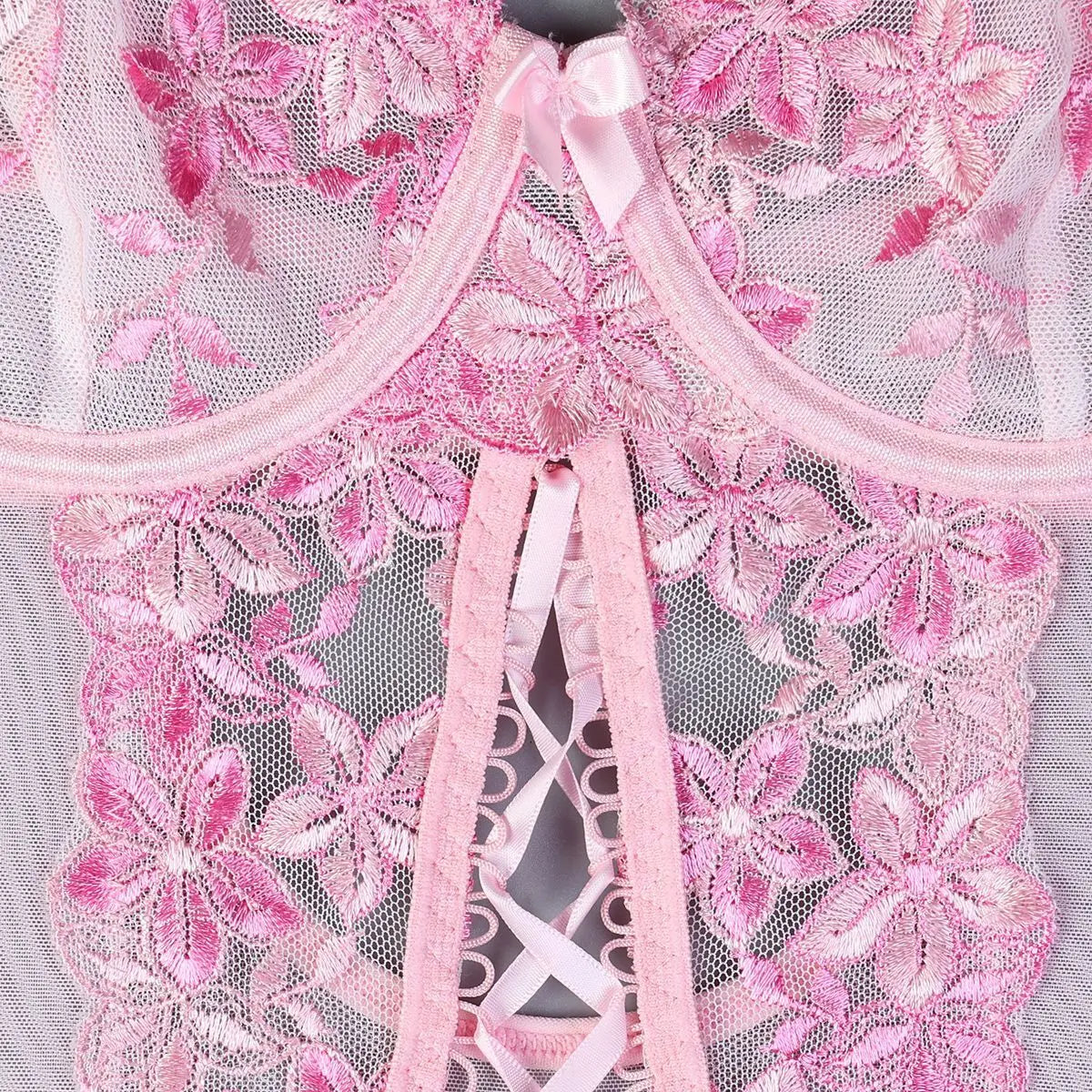 Ellolace Fancy Sexy Lingerie 3-Piece Corset Lace Up Beautiful Bodysuits With Stocking Luxury G-String Pink Intimate Goods 4PCY