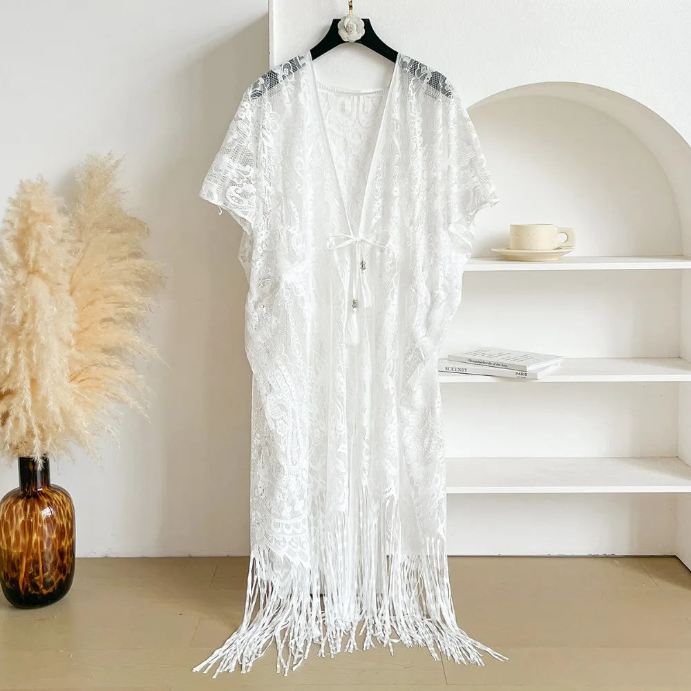Fashion Lace Mesh Sunscreen Beach Cover Up Floral Tassel Bohemian Shawl Plus Size Transparent Swimsuit Cover Up Women