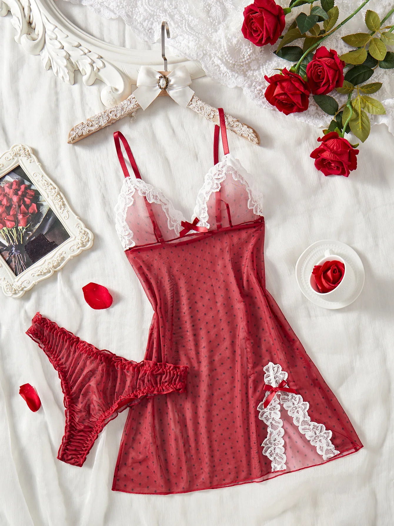 Lace Mesh Semi-Sheer Cami Nightdress Two-Piece Set