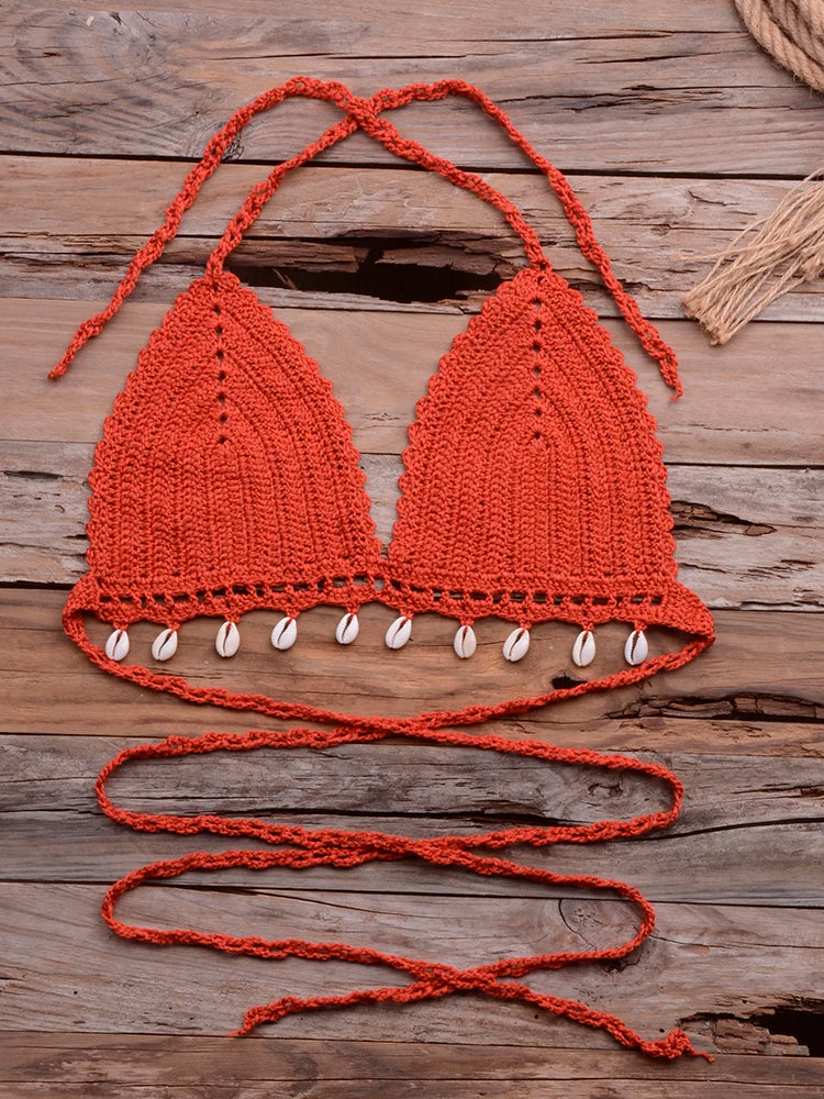 Knitted Bra Top Bikini Set Womens Swimsuit Handemade Crochet Bikini Cover Up Tassel Beach Long Wrap Skirt Sarong Immadman 7004