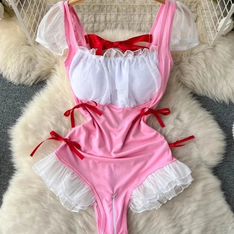 Backless Hotsweet Bow Lingerie For Women See Through Mesh Sexy Bunny Costume Lingerie Bodysuit 4 Piece Jumpsuit Spot Lace Cospla
