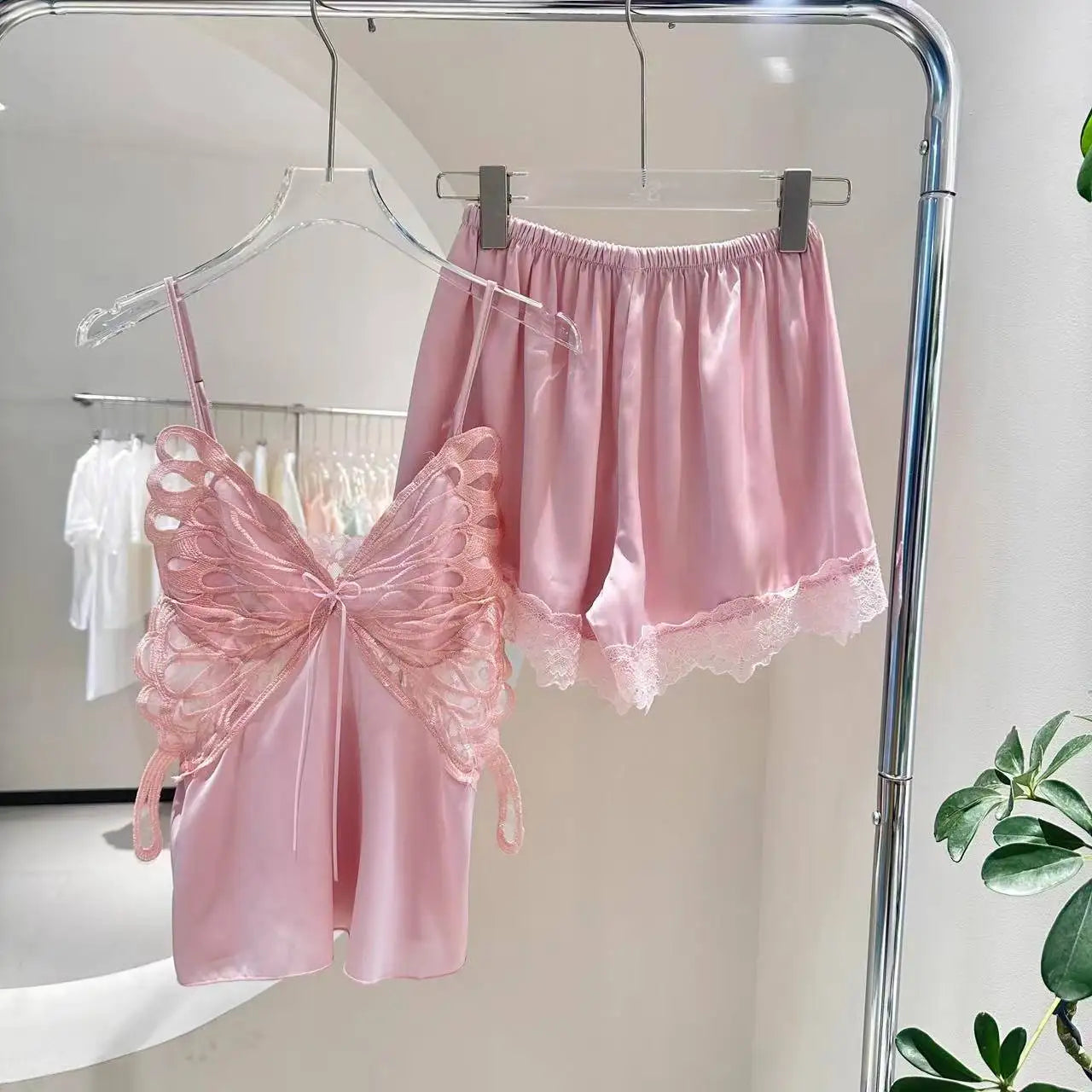 Sexy Cami&shorts Pajamas Set Loungewear Female Lace Butterfly Nightwear 2Pcs Pijamas Suit Home Wear Women Sleepwear Lingerie