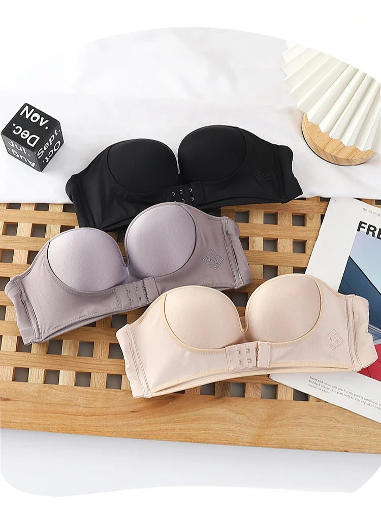 Strapless Non Slip Invisible Bra for Women Front Closure Adjustable Push Up Bra Bralette with Breathable Gather Backless Bra