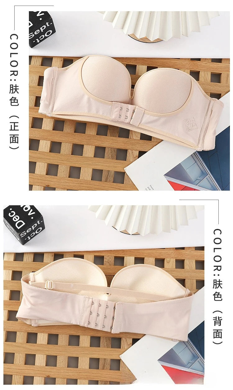 Strapless Non Slip Invisible Bra for Women Front Closure Adjustable Push Up Bra Bralette with Breathable Gather Backless Bra