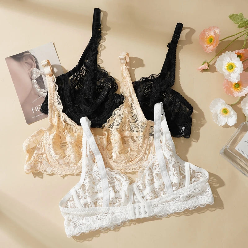 Women Sexy Lace Thin Bras Plus Size Push Up Bralette Hollow Out Lingerie Embroidery Bra Brassiere Female Underwired Underwear