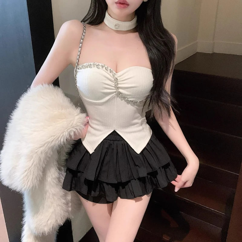 Sexy 2 Pieces Skirt Sets For Women Top And Bottom Clothing New Summer Clothes 2025 Luxury Designer Pleated Skirt Woman Outfit