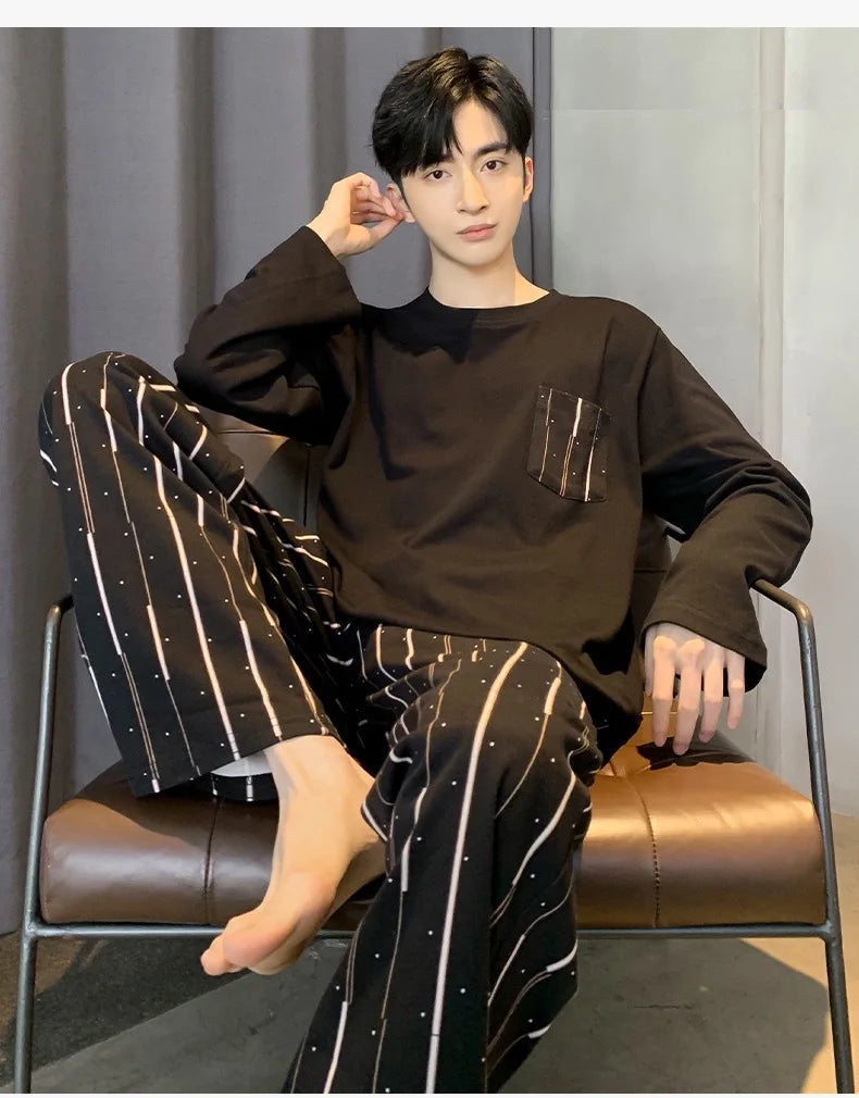 Men‘s Pajama Set Long Sleeve Black Striped Fall and Winter Youth Student Nightwear Loungewear Two Piece Set Sleepwear Homewear