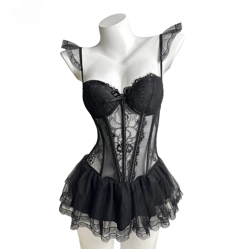 Erotic Lingerie Ladies Sexy French Lace Corset New Bodysuit Gathered Elasticity Women Push Up Mesh Material Bustier Underwear