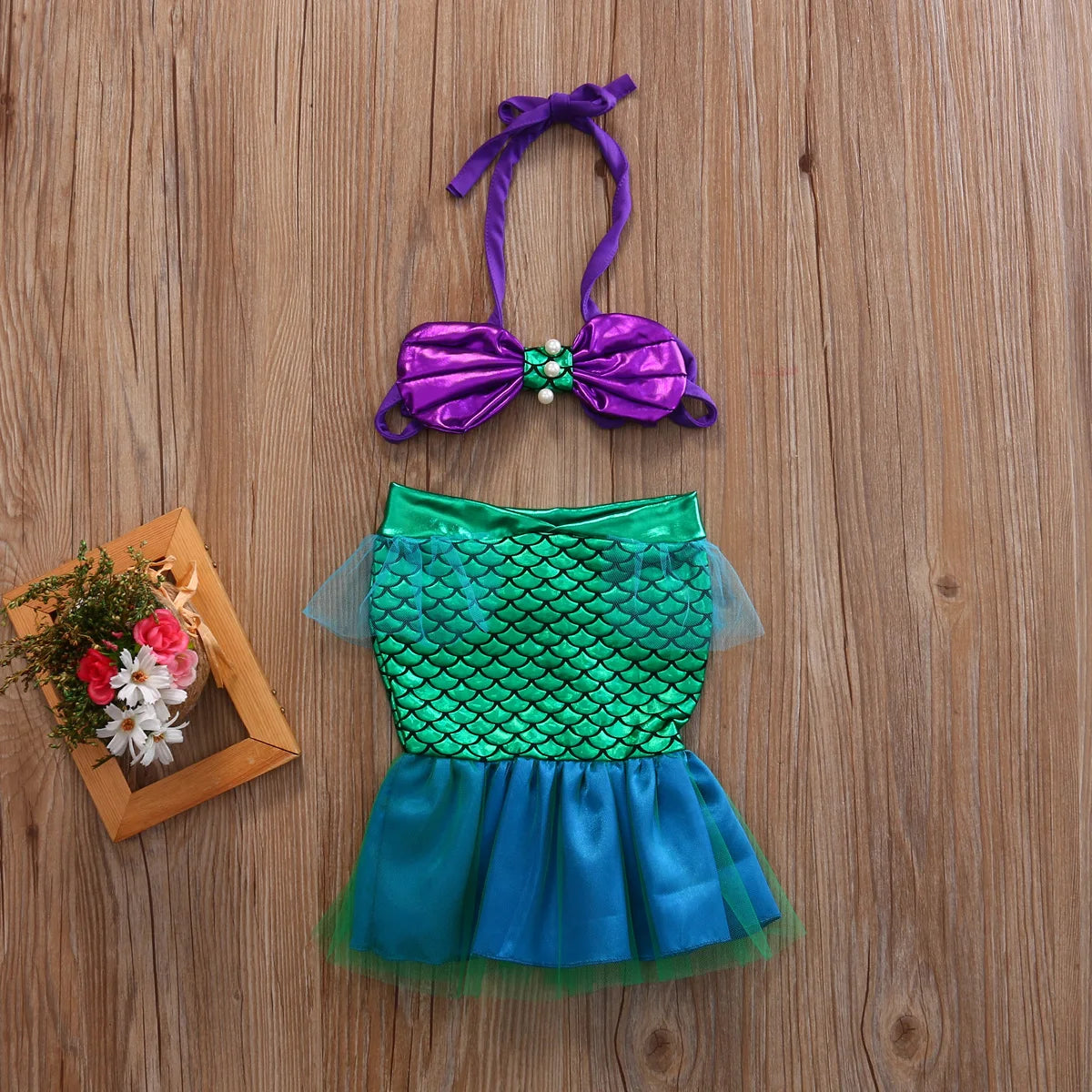 Baby Girls Two-piece Mermaid Swimsuit Hanging Neck Shell Pearl Halter Bikini Tops Tulle Patchwork Mermaid Tail 2Pcs Swimwear