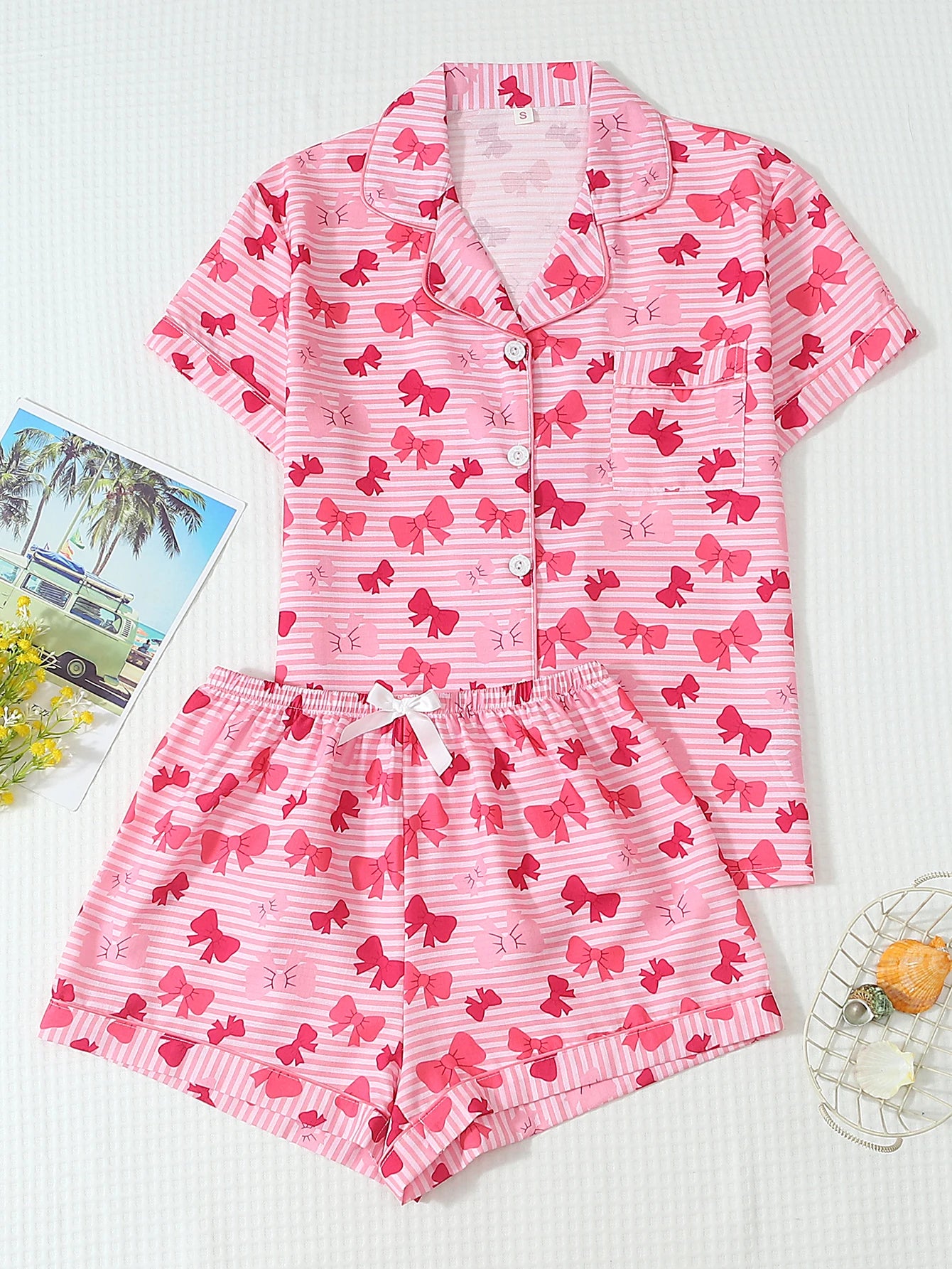 Two-Piece Set: Comfortable Pink and White Striped Top with Red Bow Print, Turn-Down Collar, Buttoned Short Sleeves, and Pockets, Paired with Bow Shorts. Spring/Summer Women's Pajama Loungewear Set Suitable for Home Use