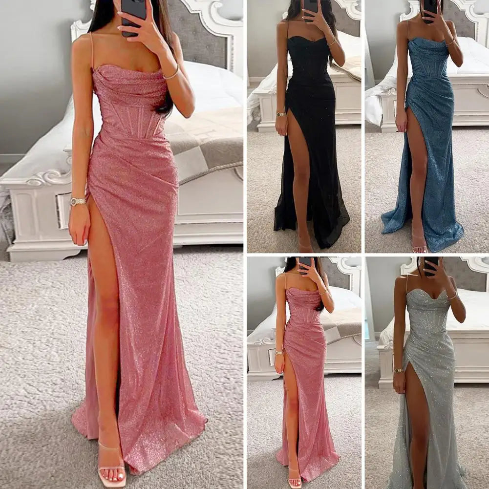 Sexy Women Evening Dress Spaghetti Strap Shiny Sequin Sleeveless Off Shoulder Low-cut High Split Prom Dress Long Party Dress