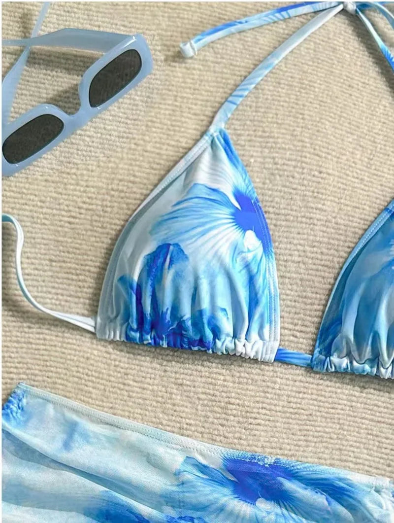 Sexy 3 Piece Bikini Set Women Printed Split Swimsuit Neck Strap Bathing Suit with Cover Up Skirt Swimwear Biquine Brasileiro