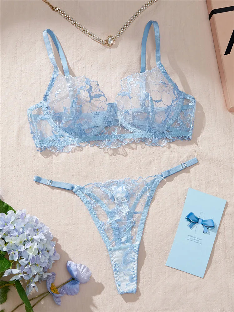Sexy Lingerie Set Embroidery Romantic Bra Brief Set Transparent Underwear Thong New Fashion Lace See Through Blue Exotic Sets