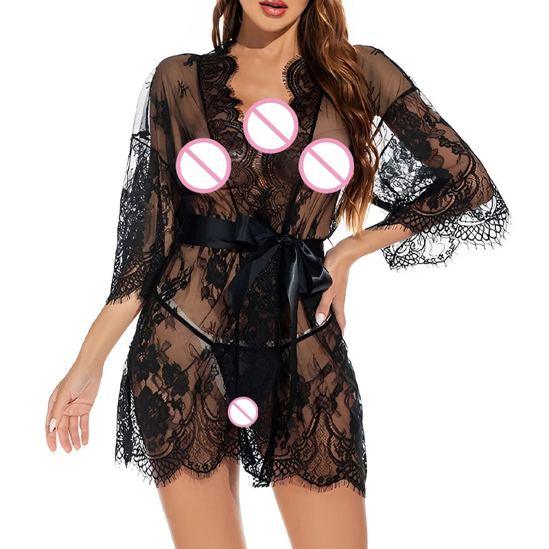 Lace Sleepwear Dress Robe Kimono Women Sexy Lingerie Transparent V-Neck Nightwear Babydoll Erotic Robe G-string Costume