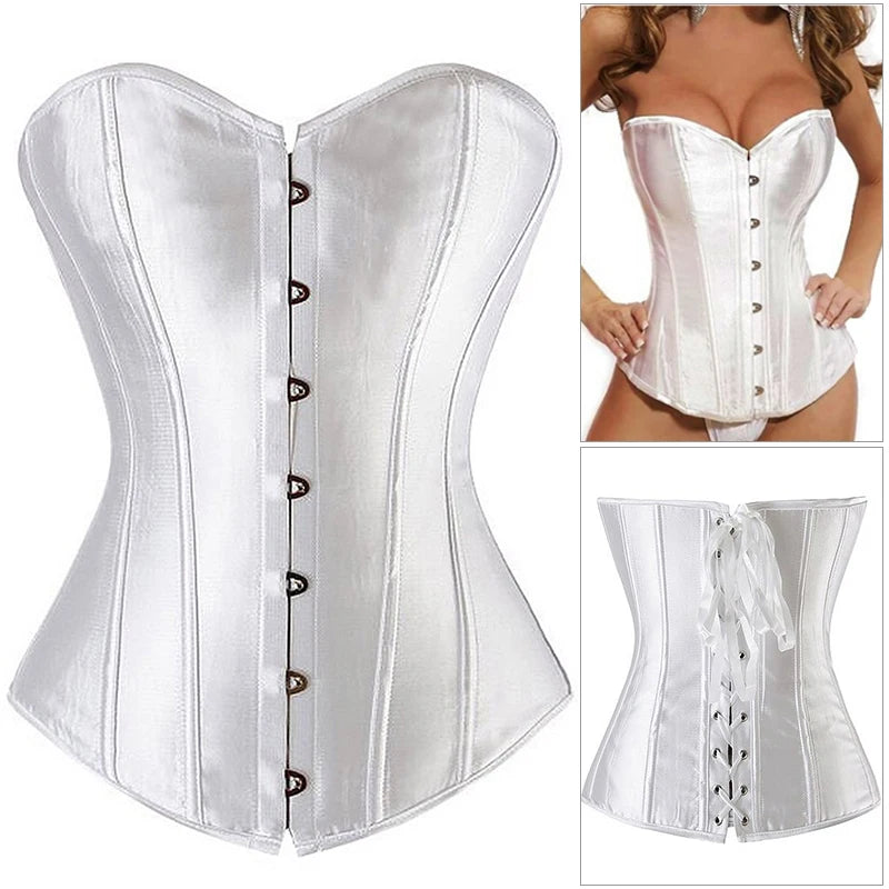 Women's Satin Corsets Top Lace Up Boned Punk Overbust Corset Bustier Lingerie Waist Cincher Body Shaper
