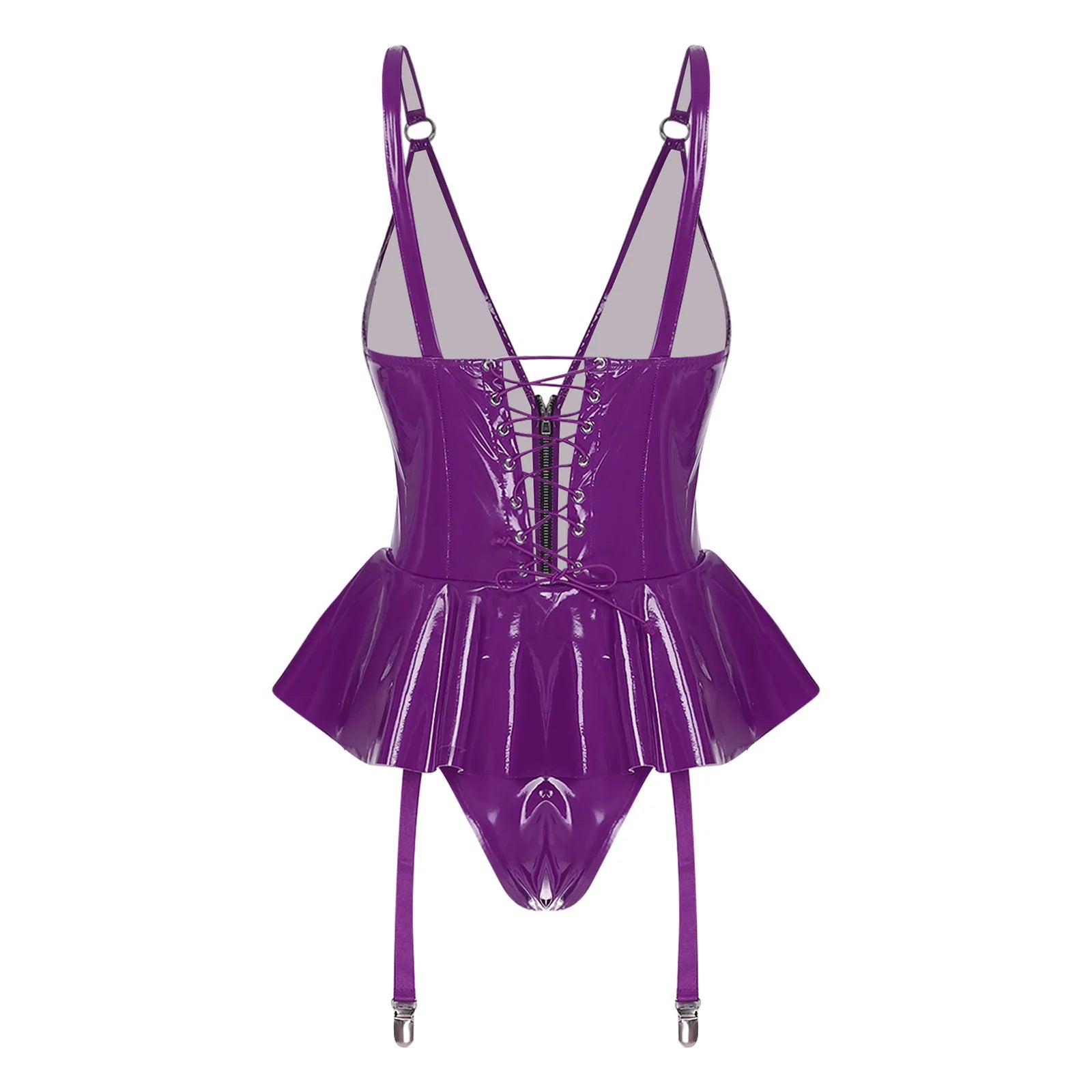 Womens Lingerie Latex Mini Dress Built-in Briefs Garters V Neck Front Zip Back Lace-up Bodysuit Glossy Sling Wetlook Clubwear