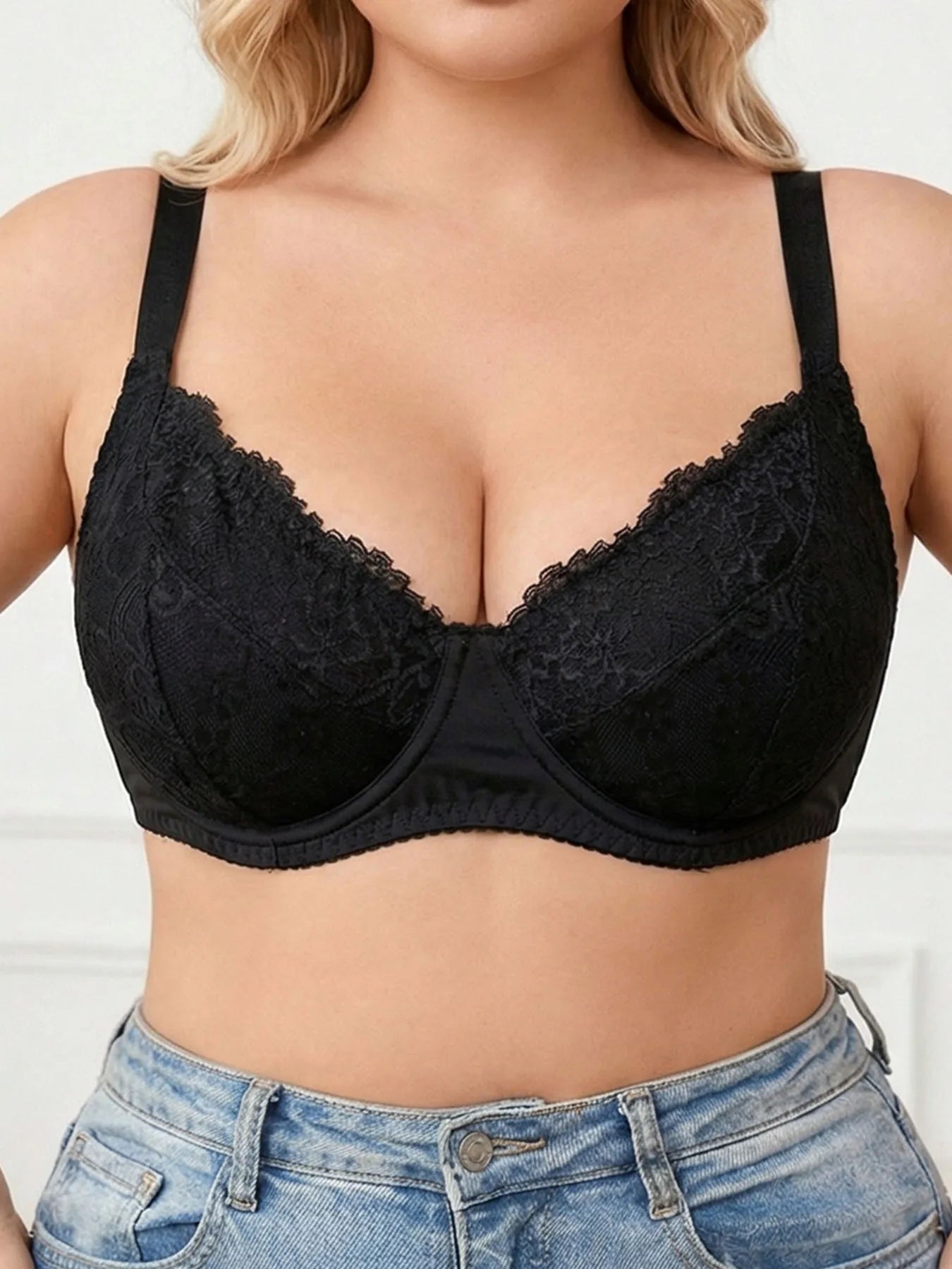 Plus Size Black Lace Underwire Push Up Bra Full Coverage Unlined Minimizer For Large Bust Daily Wear Lingerie For Women