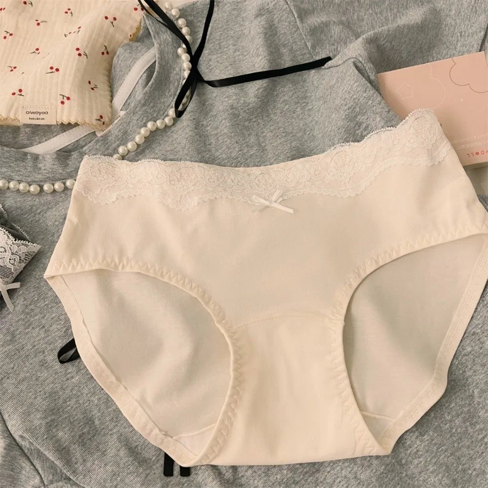 Lingerie Bow Lace Cotton Panties Transparent Seamless Underwear for Women Mid Waist Soft Floral Lace Briefs Spring Summer