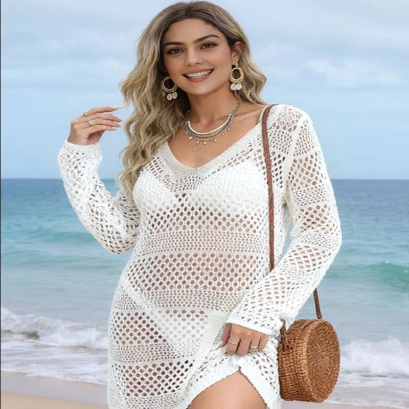 Women'S Swimsuit Cover Up Crochet Bathing Suit Mesh Swimwear Knit Pullover Beach Dress