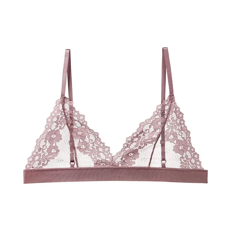 Plus Size Romantic Full Lace Bralette for Women Sexy French Style Sheer Wireless Bra Ultra Thin Hollow Out Demi Cup Brassiere