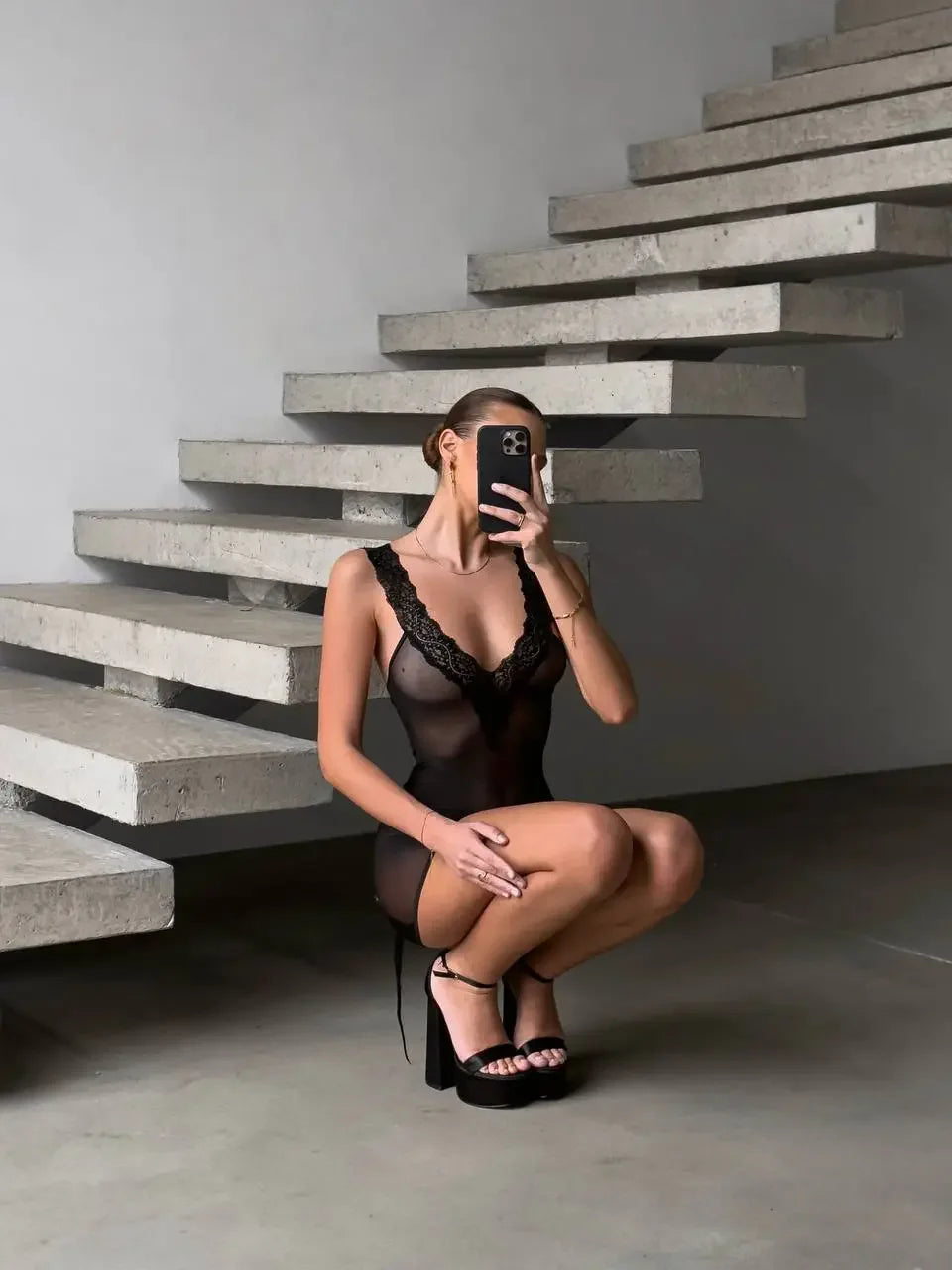 MIRABELLE Backless Sheer Lace Babydoll Dress Sexy Cutout Tie Détails See through Lingerie Transparent Nightwear Erotic Lace up D