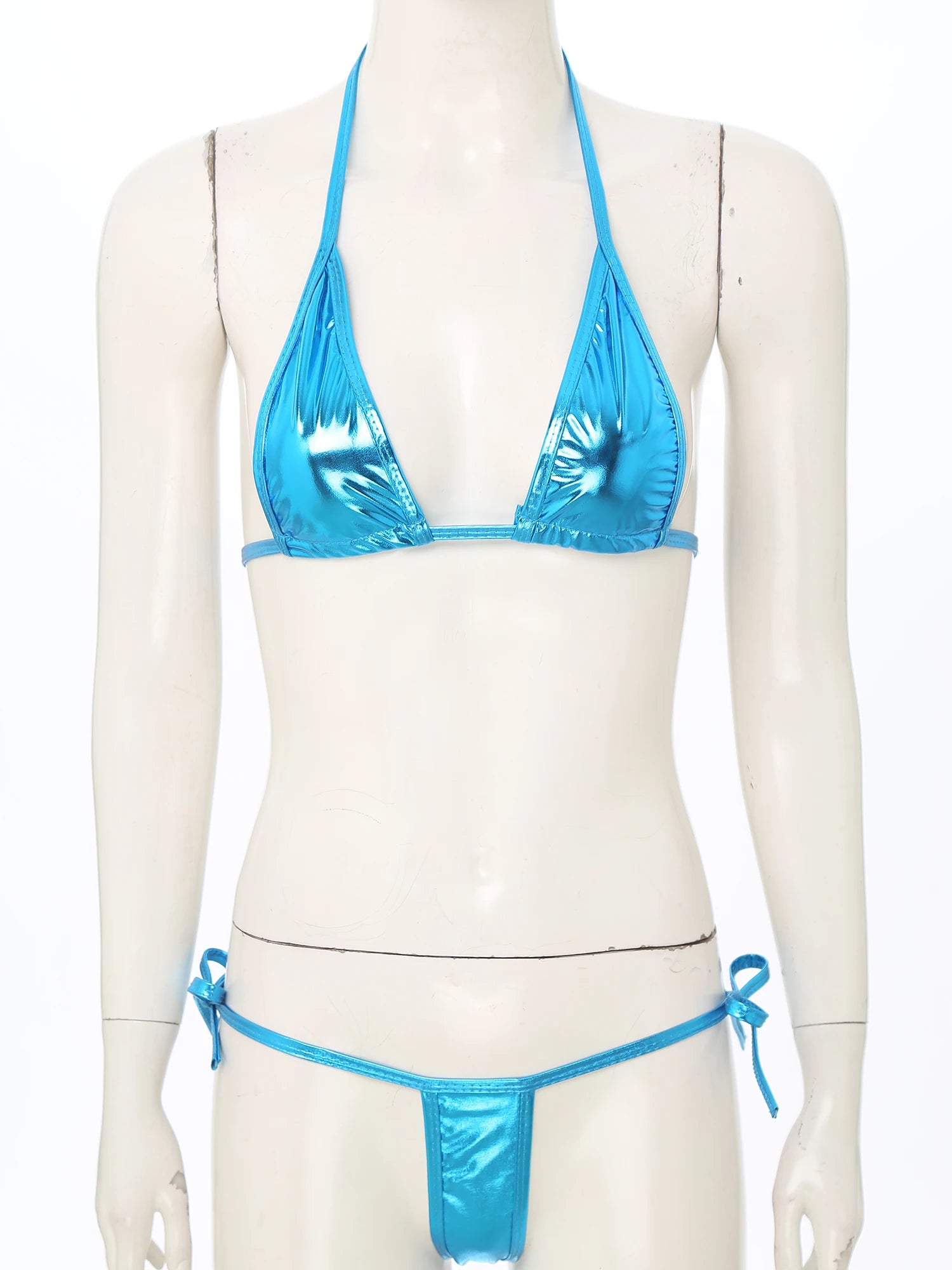 Womens Brazilian Micro Bikini Swimsuit Metallic Shiny Lacing Non-Padded Triangle Cup Bra Top with G-String Swimwear Biquini Set