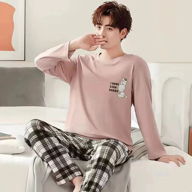 Men‘s Pajama Set Long Sleeve Black Striped Spring and Summer Youth Student Nightwear Loungewear Two Piece Set Sleepwear Homewear