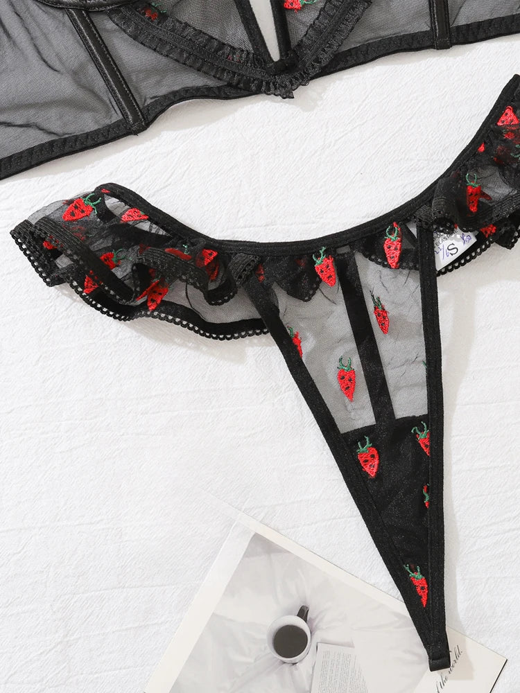 Women's Erotic Lingerie Off Shoulder Tight V-neck Top Transparent Mesh Heart-shaped Printed Lingerie Tight Erotic Two-piece set
