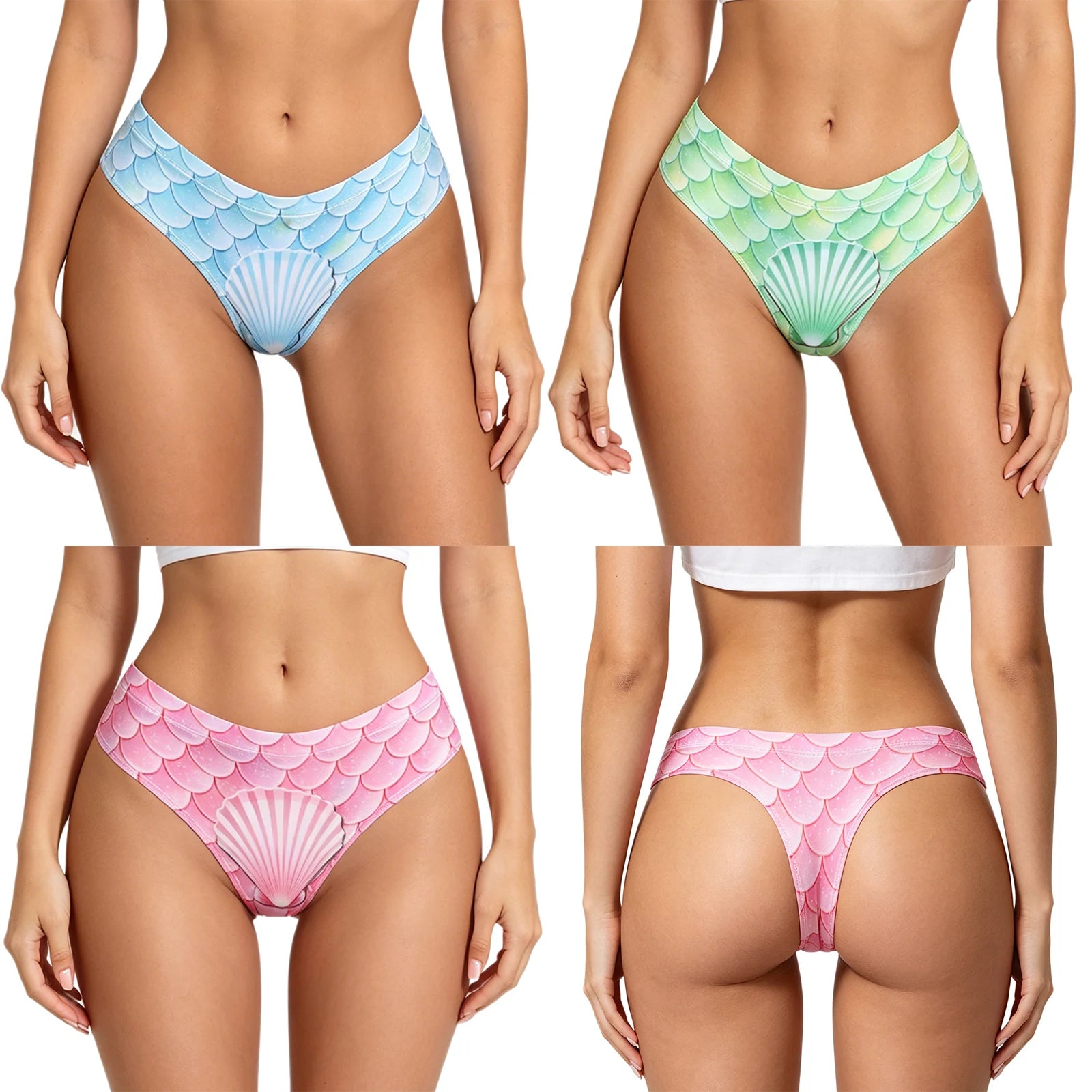 Swimwear Womens Mermaid-style Swim Bottoms Fishscale Low Rise Bikini Swimsuit Print Elastic Waistband T-back Briefs Underwear
