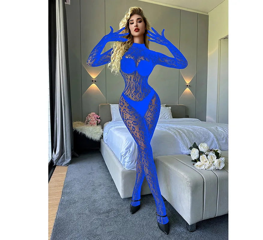 Leopard Print Bodysuit Lingerie - Long Sleeve Sexy Catsuit, Sheer Mesh One-Piece with Closed Crotch, Women's Erotic Nightwear