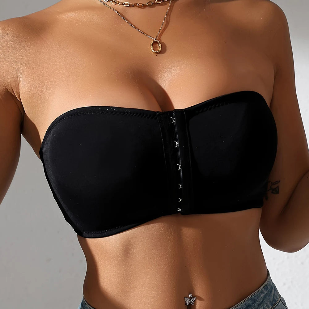 Women's Strapless Front Closure Push Up Unlined Bra Non-Slip Bandeau Brassiere Seamless Wireless Tube Top No Show Bralette