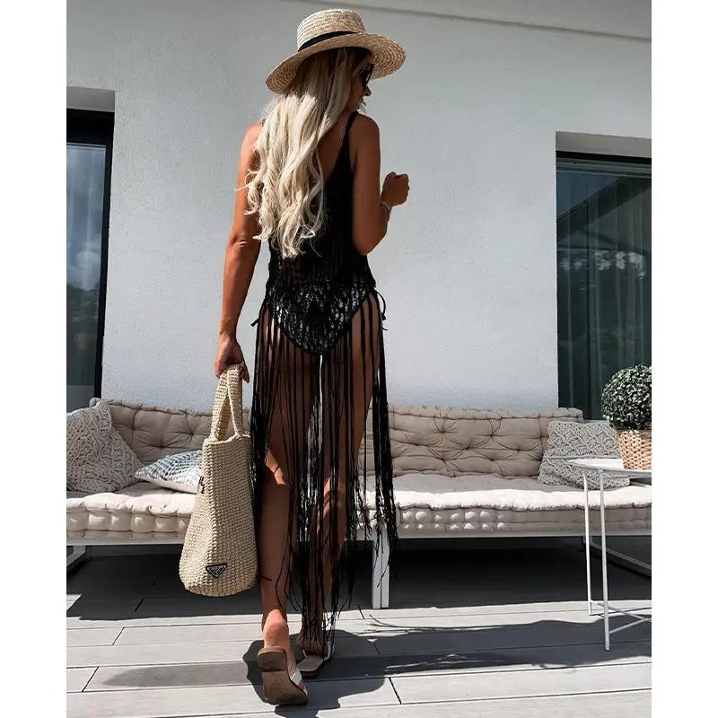 Beach Cover Ups for Swimwear Women Sexy Hand Hook Hollow Out Sunscreen Shirt with Long Tassel Beach Cover