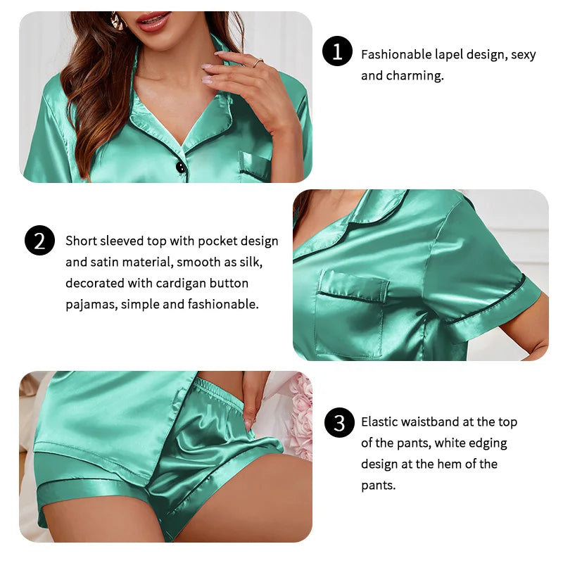 Women's Pajamas Set Summer Short Sleeve Button Down Top & Shorts Two-piece Pj Sets Sleepwear Loungewear Pyjama Femme Nightwear