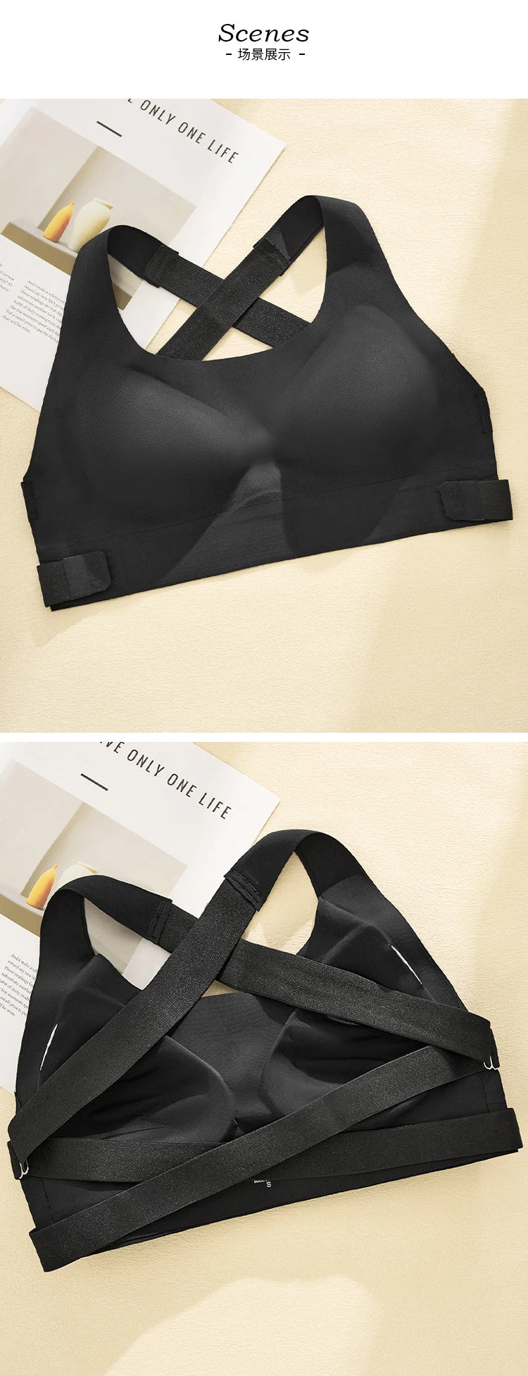 Women's Push-Up Wireless Bra Lightweight Comfort Style with Side Closure Cross-Back Straps Seamless Breathable Sports Bra