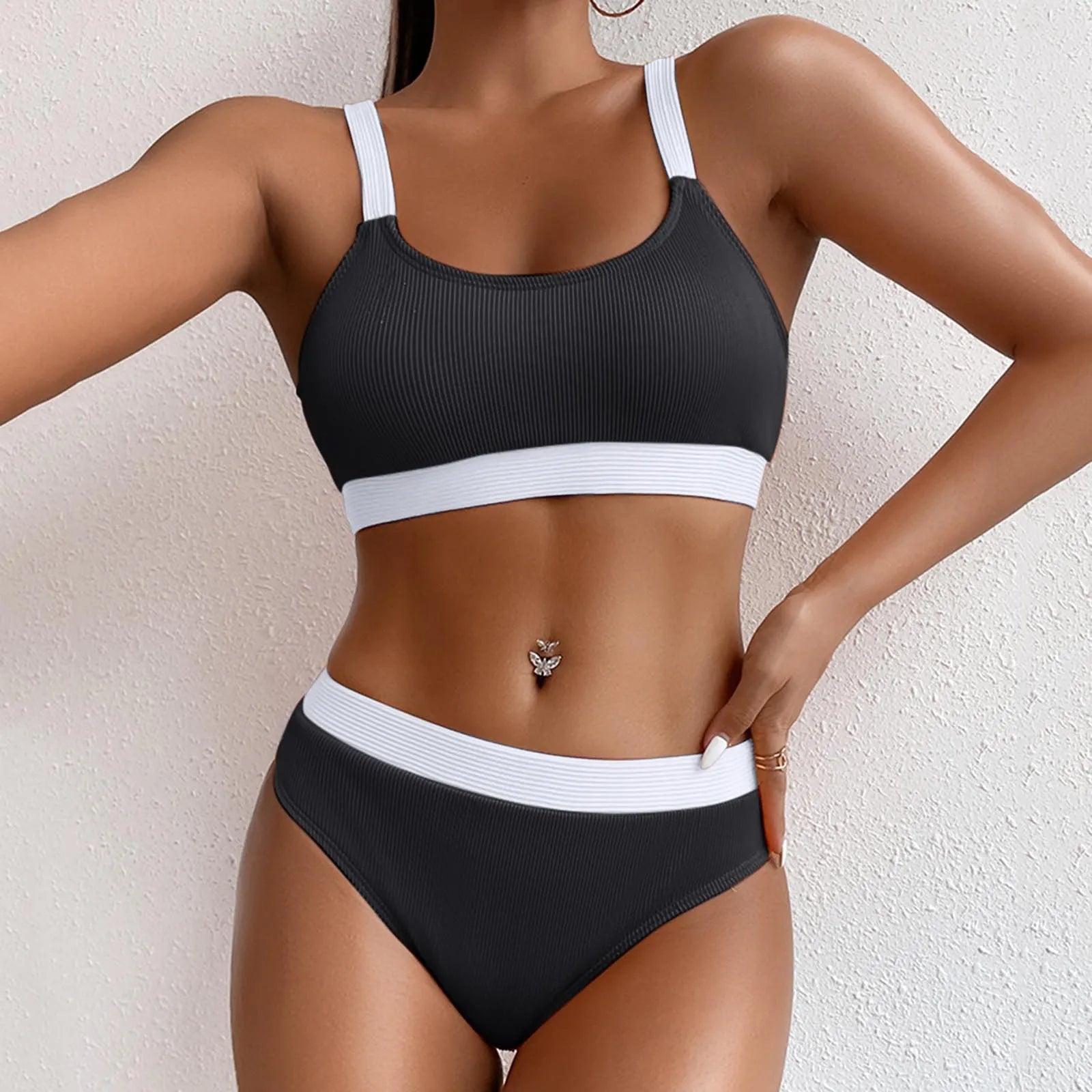 Color Block Swimsuits for Women Crew Neck Ribbed Stripe Bikini Bra High Waist Traceless Breath Comfty Fashion Bikinis Shorts