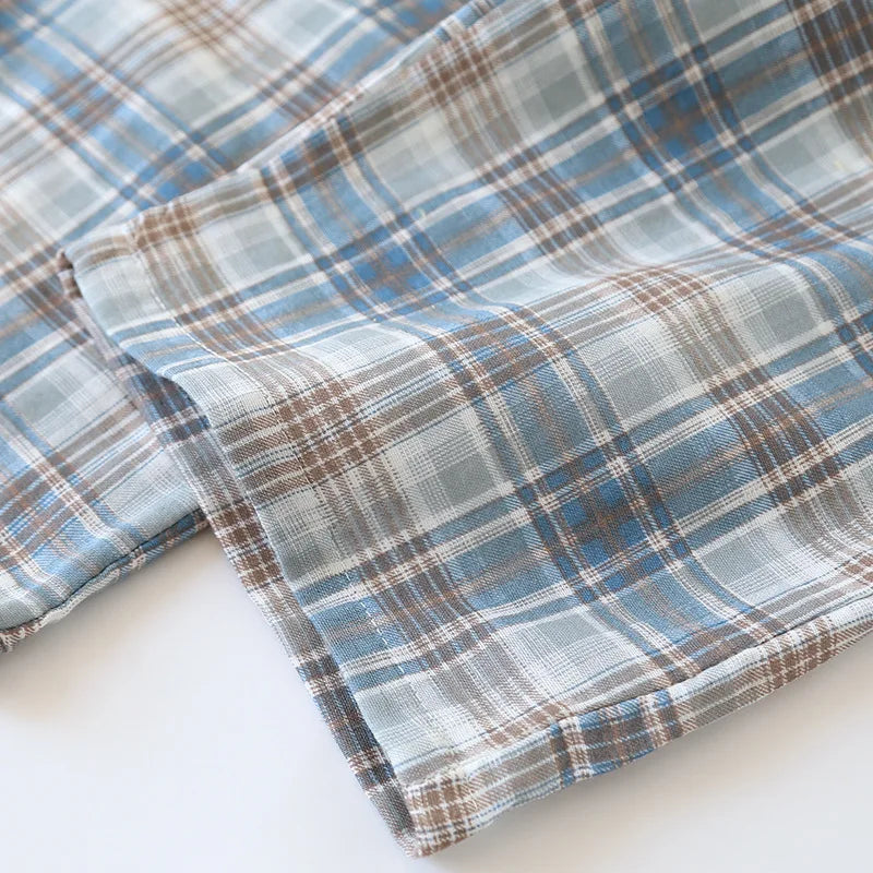2026 Japanese New Men's Pajama Set Spring/Summer Checkered Simple Long sleeved Two Piece Set 100%Cotton Cardigan Home Furnishing