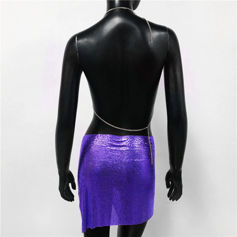 Sexy Metal Sequins 2 Piece Set Women Sleeveless Deep V Neck Backless Halter Tank Tops Split Mini Skirts Beach Party Outfits