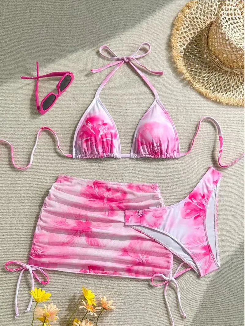 Sexy 3 Piece Bikini Set Women Printed Split Swimsuit Neck Strap Bathing Suit with Cover Up Skirt Swimwear Biquine Brasileiro