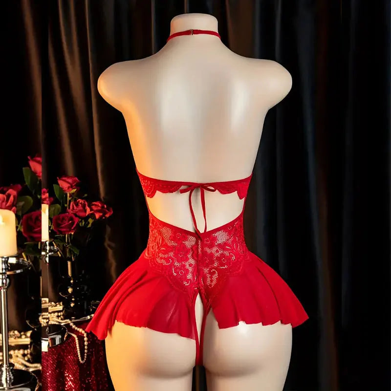 Red Hanging Neck Lingerie Adult Erotic Costume Deep V Bra Crotchless Woman Underwear Sex Night Open Dress Bodysuit Sexy Jumpsuit