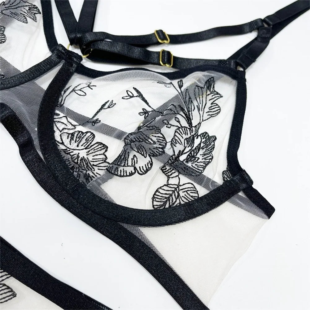 See-through Bra Set For Women Sexy Lingerie Flroal Black Bra Brazilian Underwear Set Japanese Woman Panties Women's Swimsuit